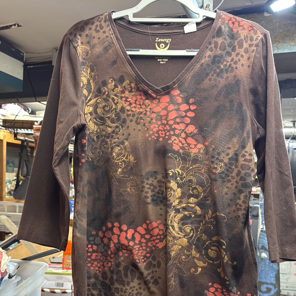 Zenergy Brown V-Neck Top with Red and Gold Accents